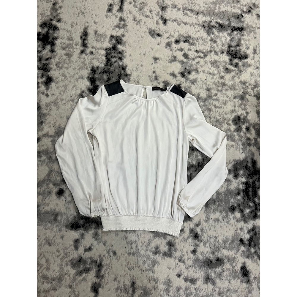 The Limited Women White Long Sleeve Blouse Smocked Hem Faux Leather Trim Small